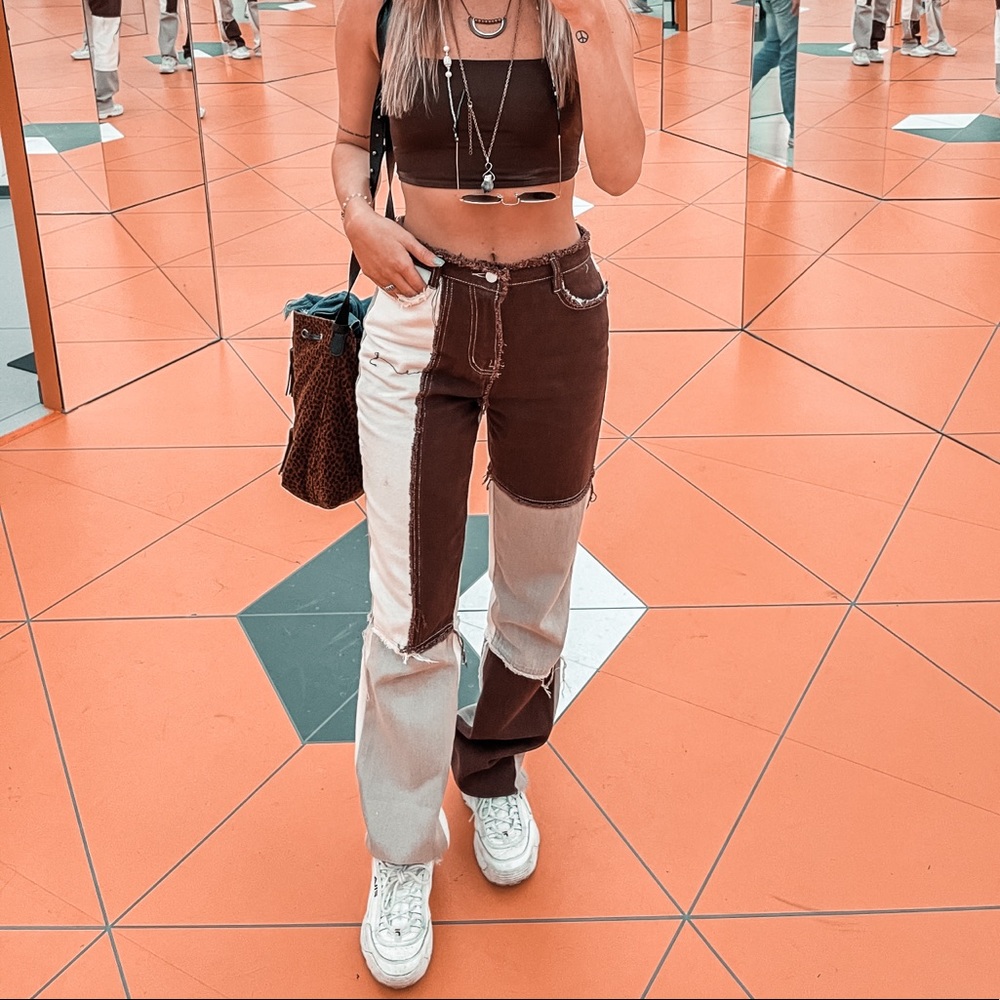 Patchwork neutral jeans with hints of pink tie dye